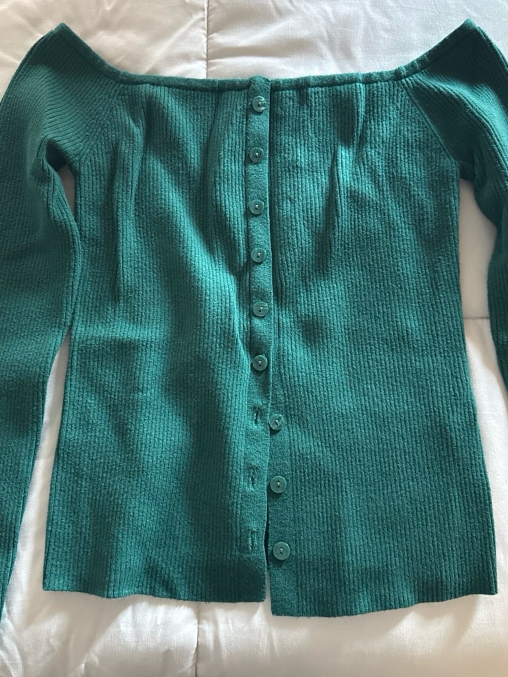 Abercrombie & Fitch Teal Off-Shoulder Button-Front Ribbed Sweater